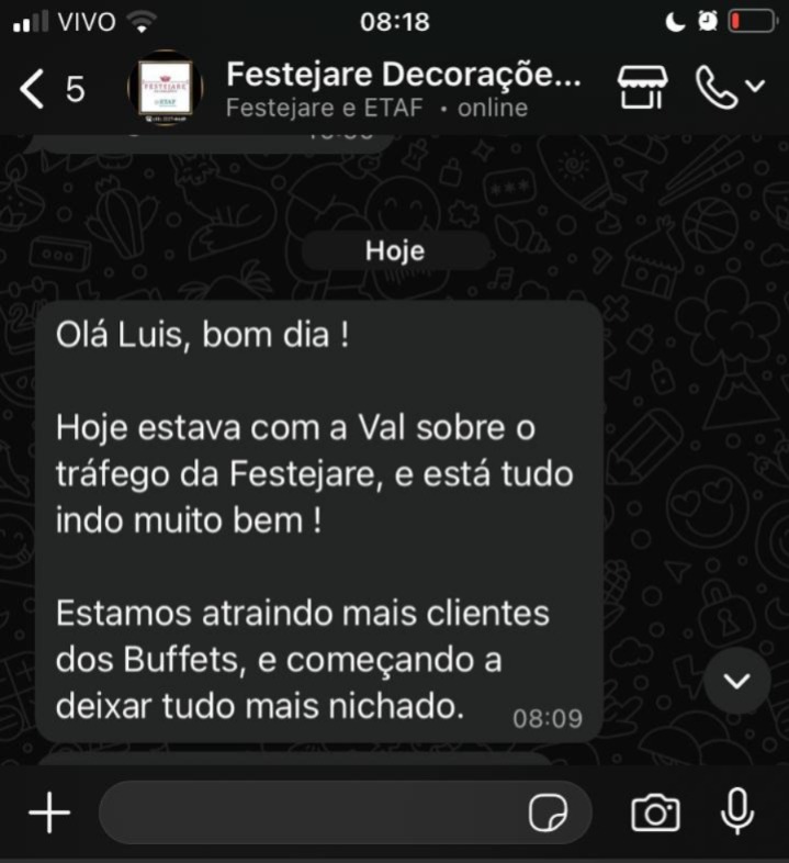 Depoimento Festejare Decorações Whatsapp