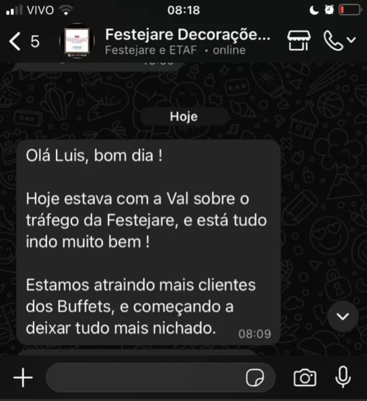 Depoimento Festejare Decorações Whatsapp
